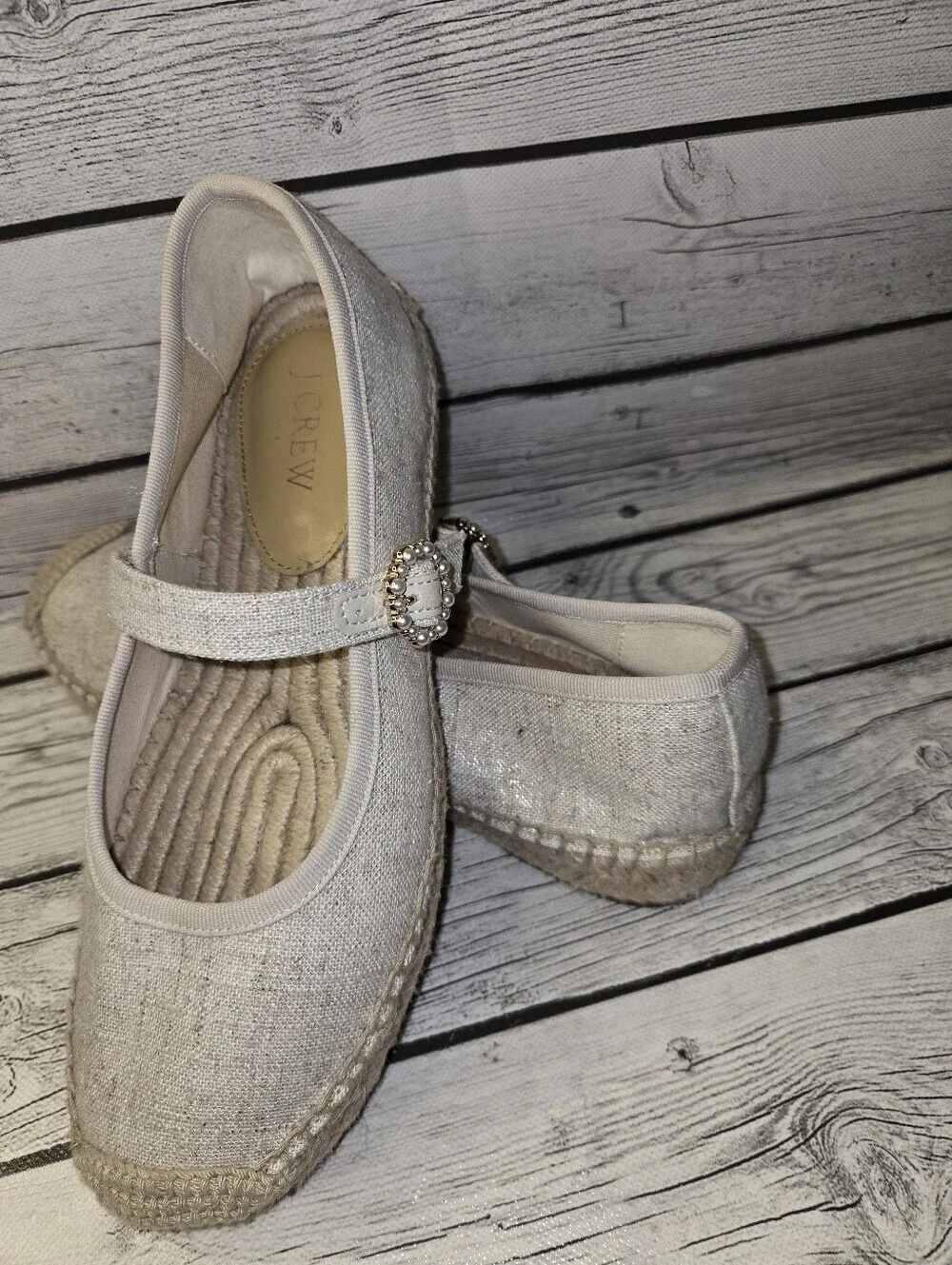 J. Crew Espadrille Mary Jane Flats 8 New Linen organic cork cotton garden